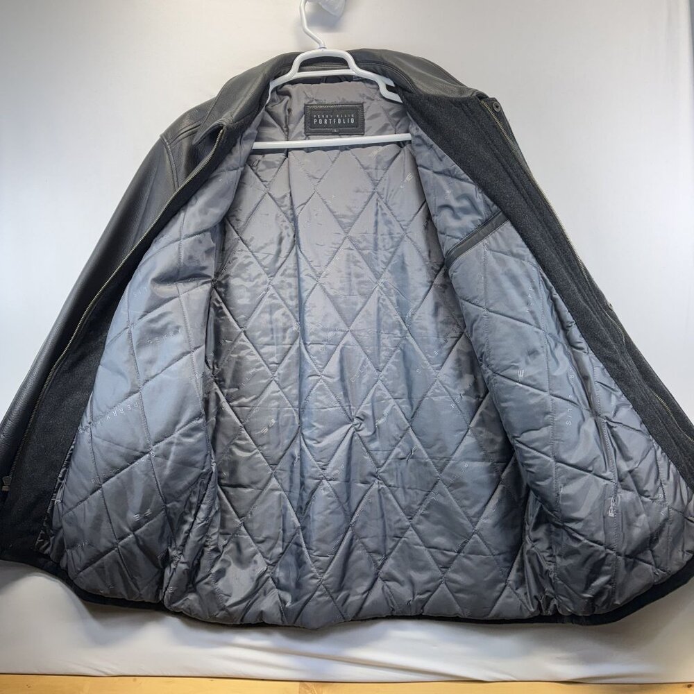 Perry Ellis Black Leather Jacket Mens XL Zipper & Snap Closure Quilted Lining - Picture 6 of 10